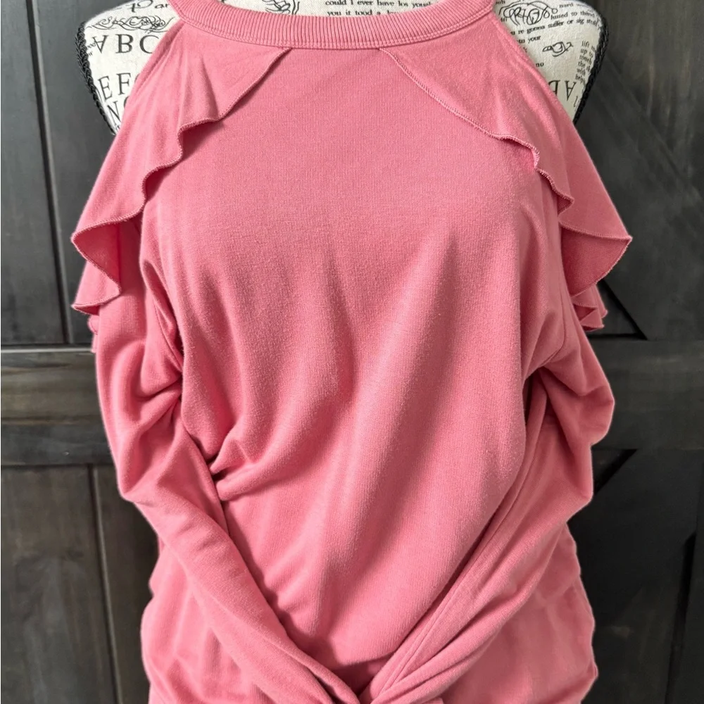 Express Pink Ruffle Cold Shoulder Top - Picture 1 of 6